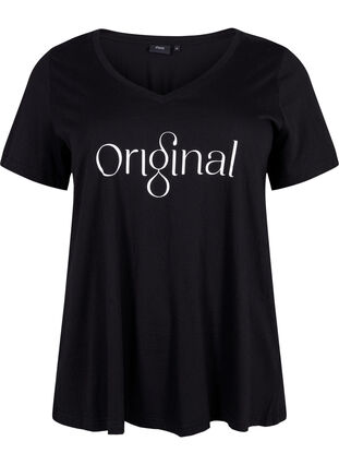 T-skjorte i bomull med trykk og V-hals, Black ORI, Packshot image number 0