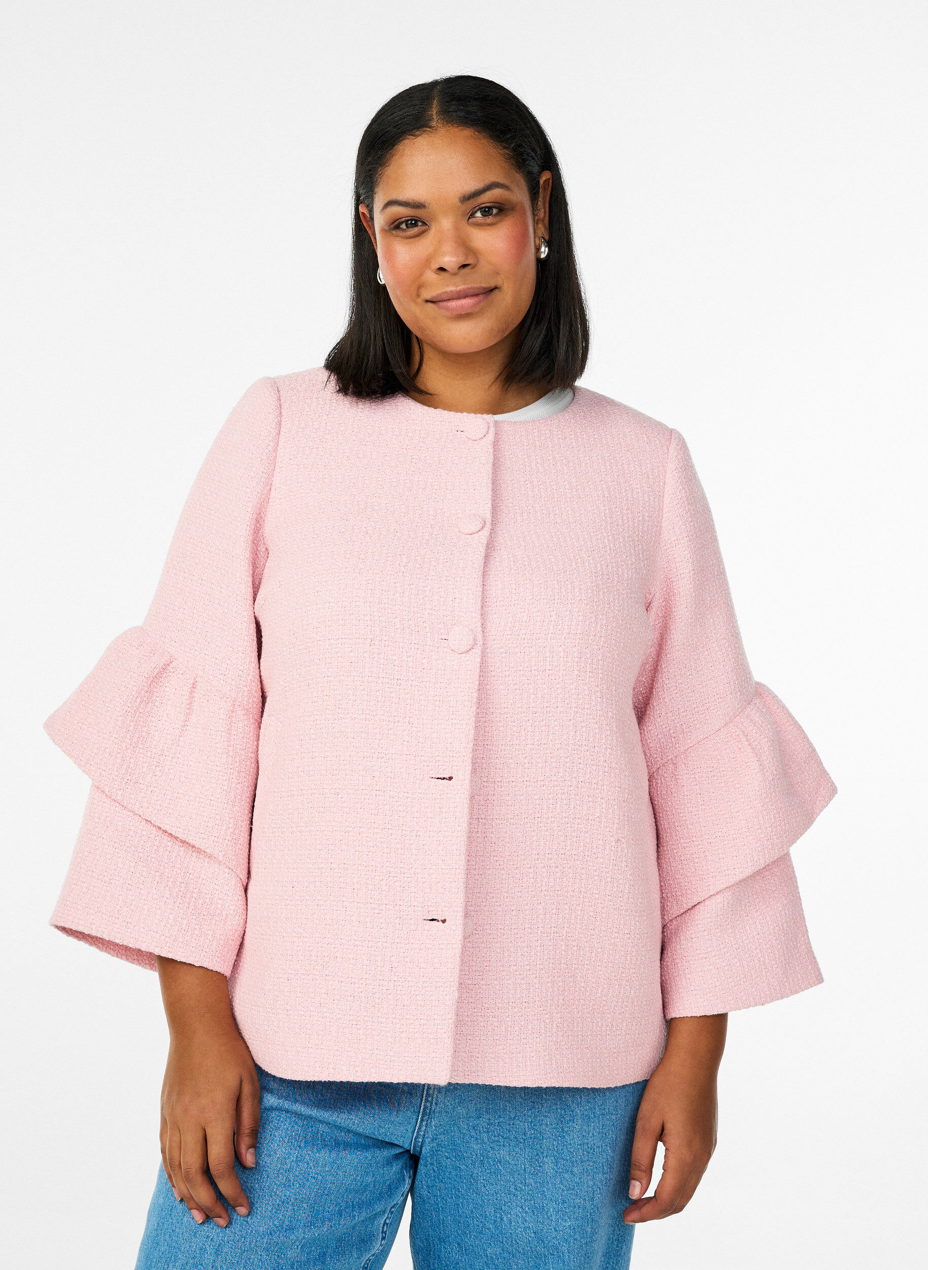 Boucl&eacute;-jakke med rysjedetaljer, Rosa, Model