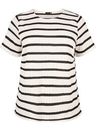 Bluse med korte ermer og kontrastfargede striper, Sand Black Stripe
