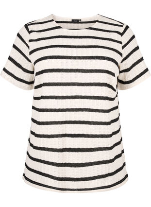 Bluse med korte ermer og kontrastfargede striper, Sand Black Stripe, Packshot image number 0