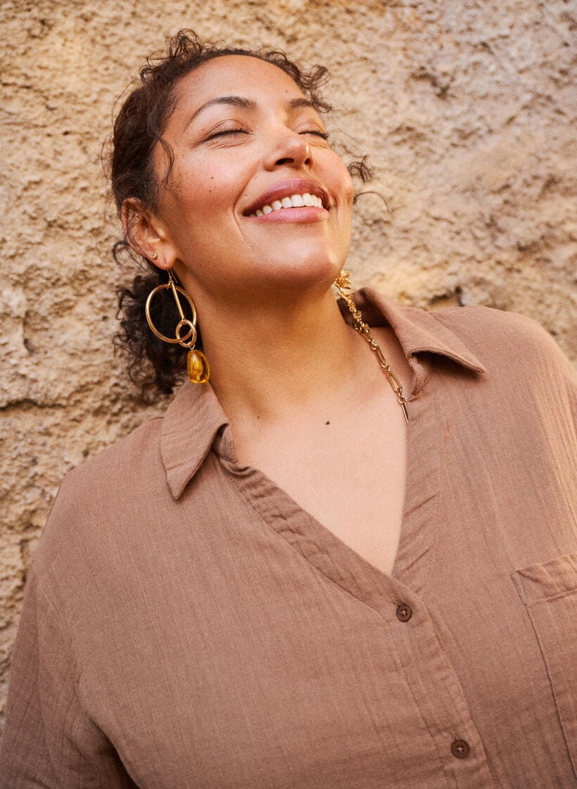 Bluse i bomullsmusselin med korte ermer, Brun, Image image number 0