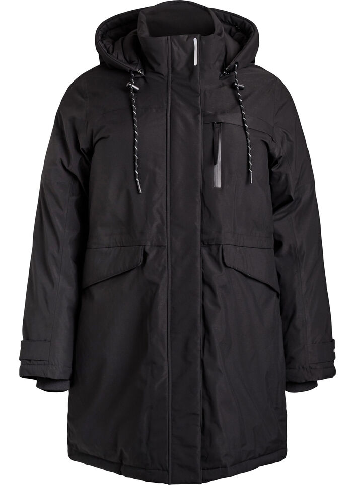 Vannavst&oslash;tende parka med hette og funksjonelle detaljer, Svart, Packshot image number 0