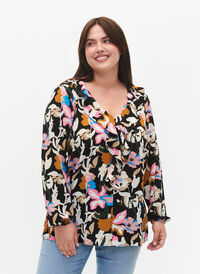 Mønstret bluse med volanger , Black Multi Flower, Model