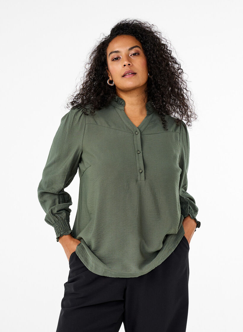 Bluse med volangkrage, Grønn, Model image number 0