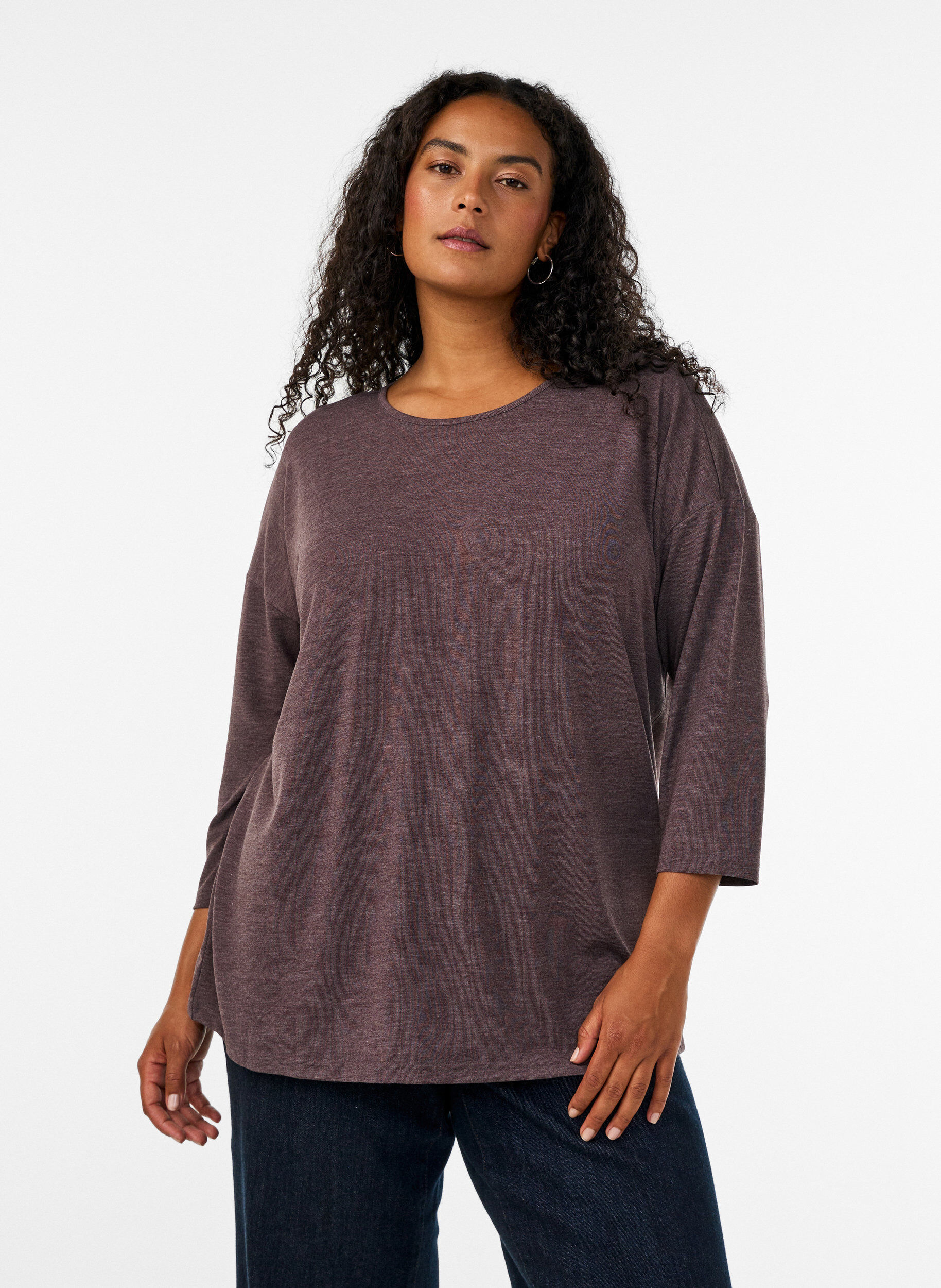 ZizziJersey bluse med 3/4 ermer, Brun, Model image number 0