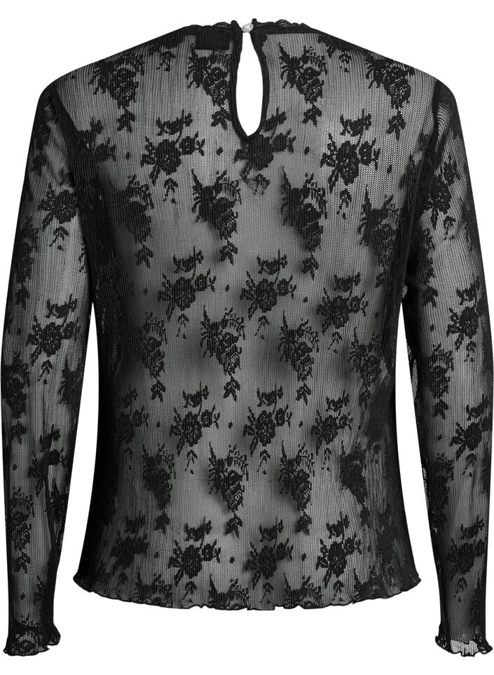 Langermet meshbluse med blondemønster, Svart, Packshot