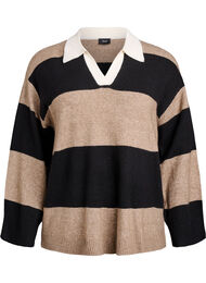 Strikket bluse med krage og V-hals, Black Stripe Comb