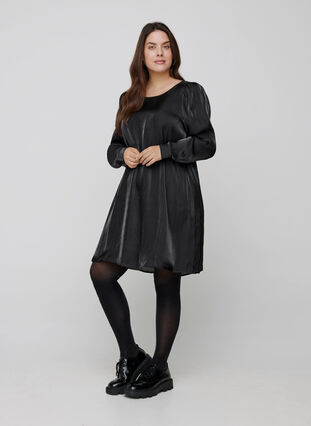 Kjole med shine og lange puffermer, Black, Model image number 3
