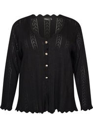 Cardigan with eyelet embroidery and wavy edges, Black