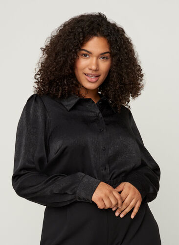 Skjorte med struktur og lange puffermer, Black, Model image number 0