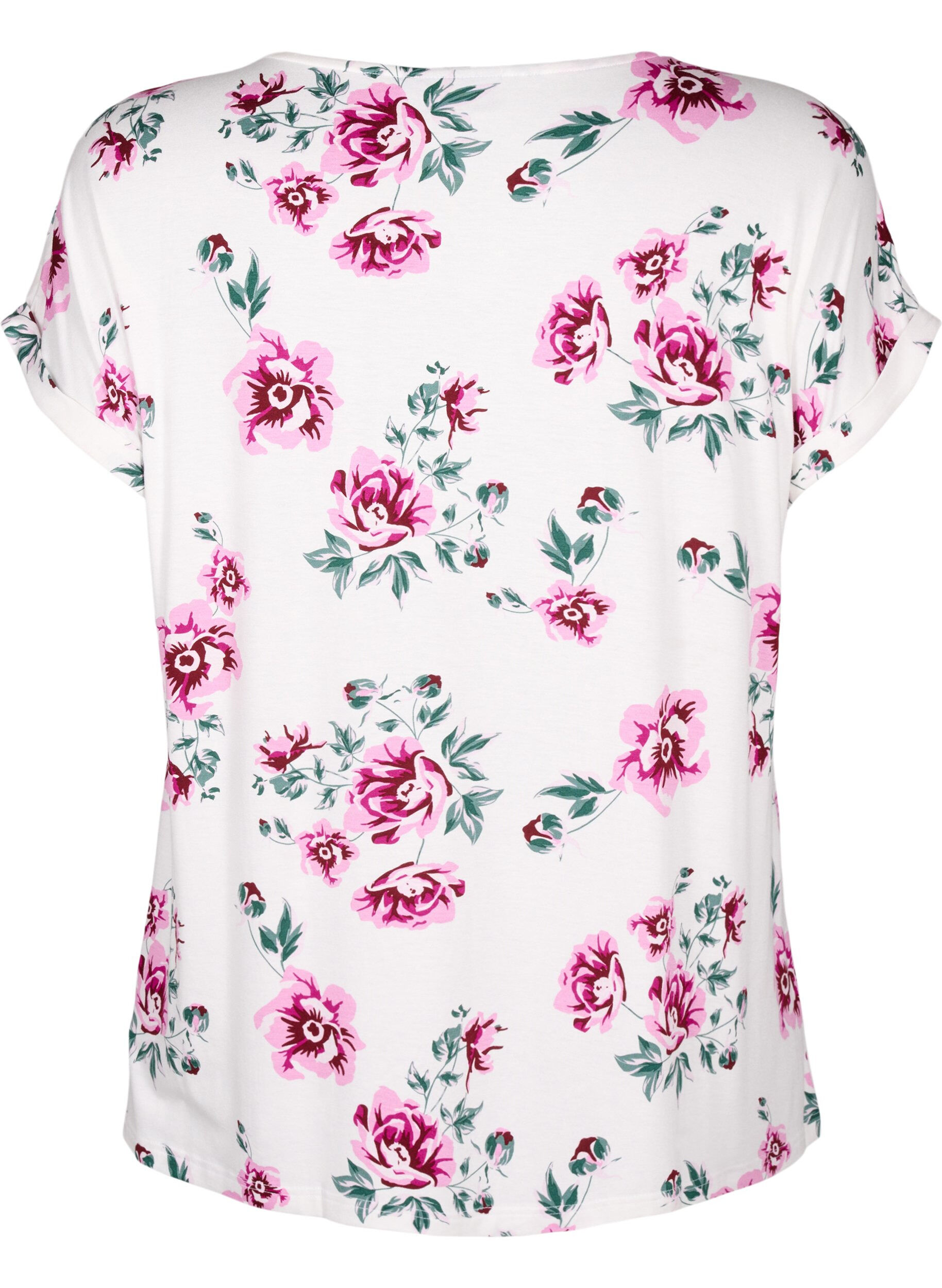Zizzi Blomstret bluse i viskose med korte ermer, White Pink AOP, Packshot image number 1