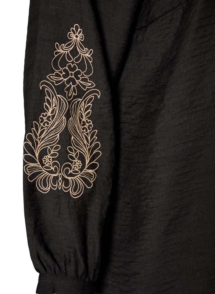 Viskoseskjorte med broderte ermer, Svart, Packshot image number 3