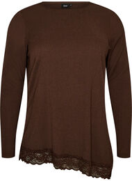 Jerseybluse med asymmetrisk blondedetalj, Brun
