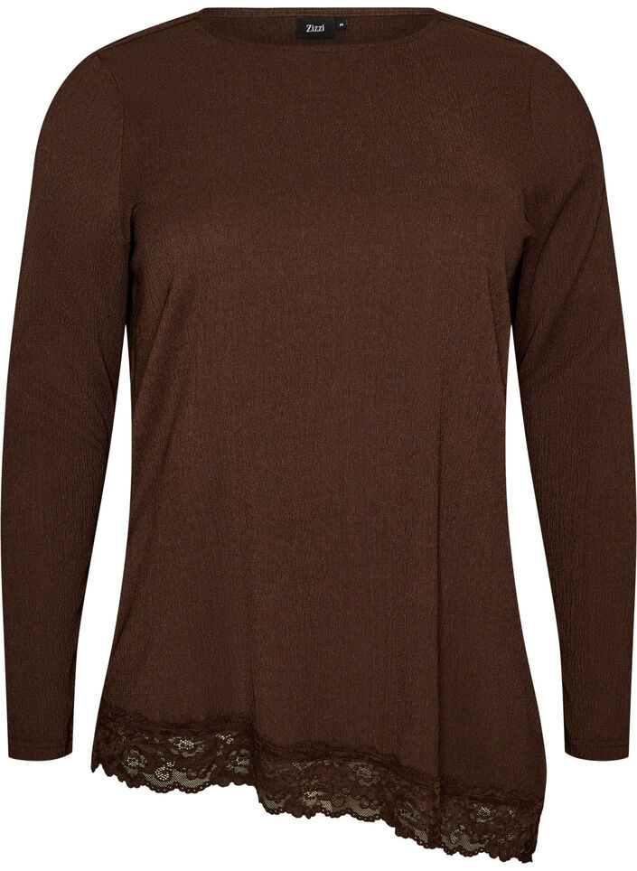 Jerseybluse med asymmetrisk blondedetalj, Brun, Packshot image number 0