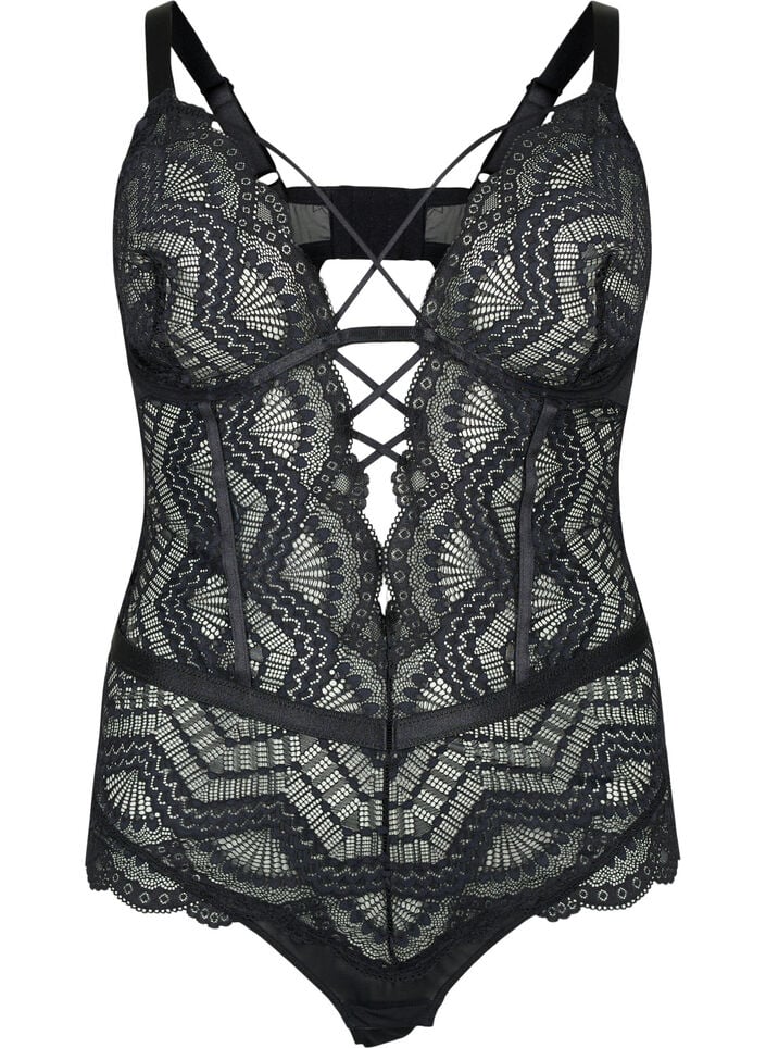 Bodystocking med blonder og snorer, Black, Packshot image number 0