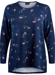 Blomstret bluse med lange ermer, Bl&aring;
