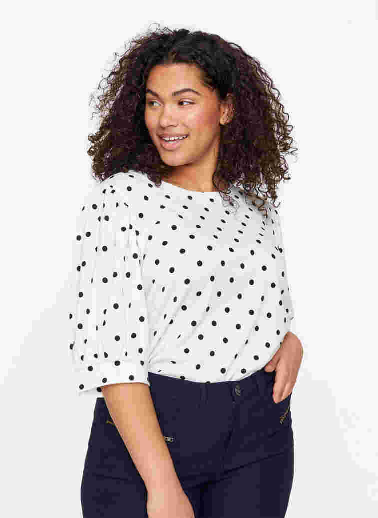 Prikkete T-skjorte med puffermer, White w. Black Dots, Model image number 0