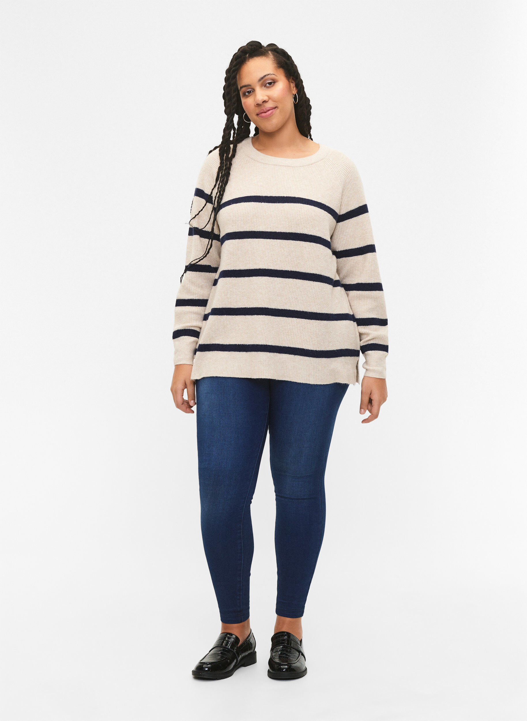 Zizzi Ribbestrikket genser med striper, P.Stone/Navy.B.Mel., Model image number 2