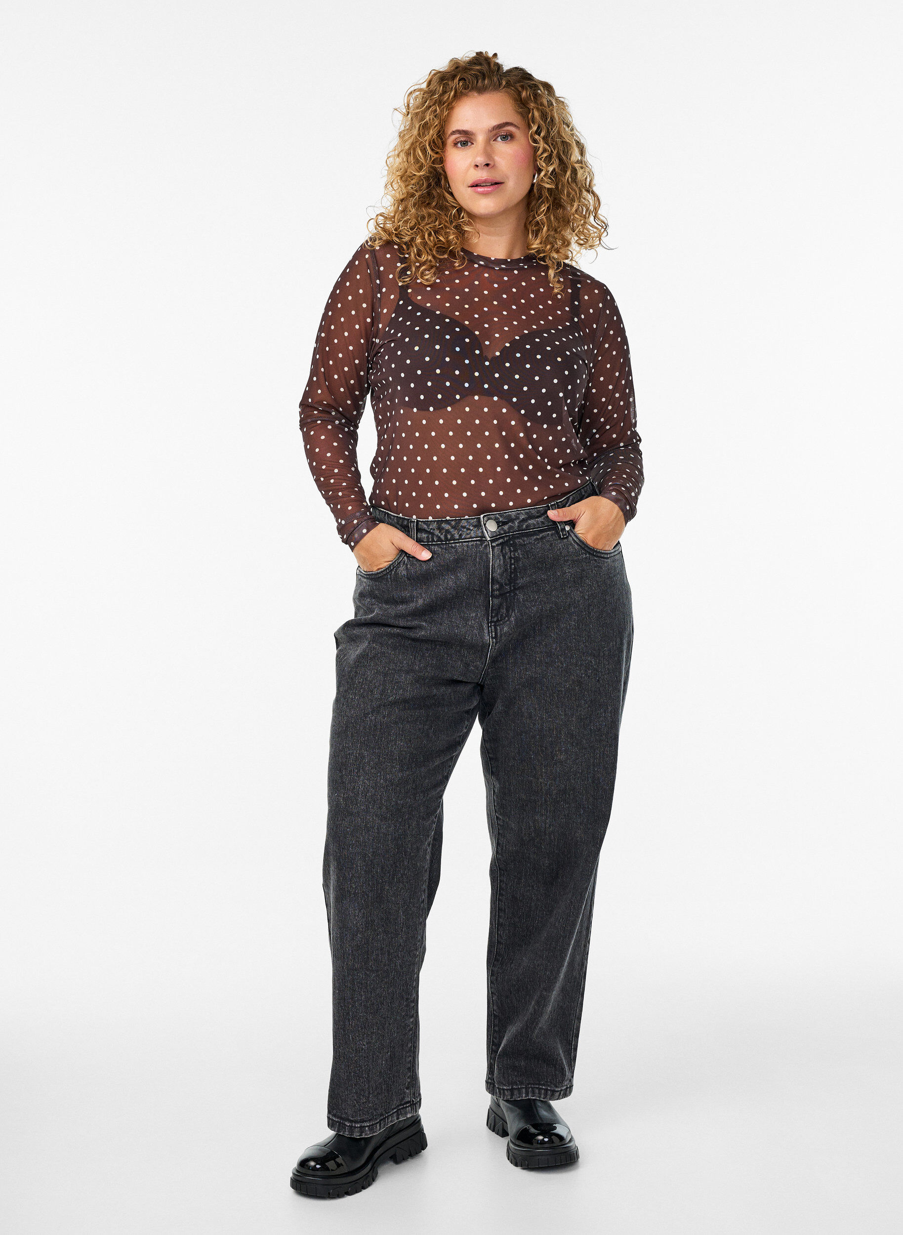 ZizziBluse med mesh og prikker, Brun, Model image number 1
