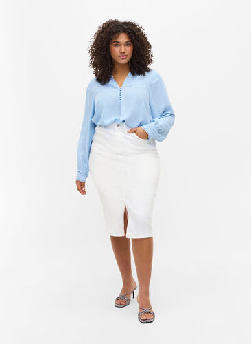 Midiskjørt i denim med en splitt foran, White, Model image number 4