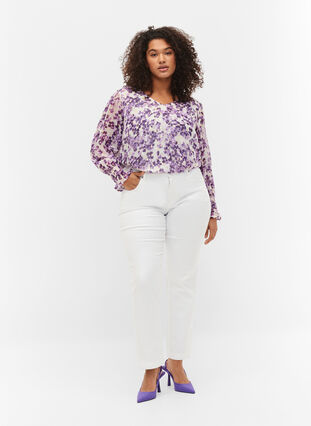 Blomstrete bluse med lange ermer og V-hals, Beige/Purple Flower, Model image number 2