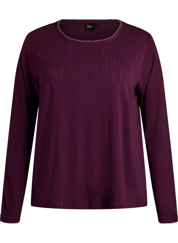&Oslash;kologisk bomulls pyjamatopp med hullbroderi, M&oslash;rk Bordeaux, Packshot image number 0