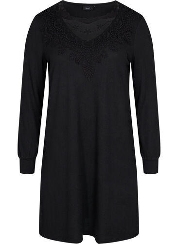 Langermet kjole med blonder, Black, Packshot image number 0