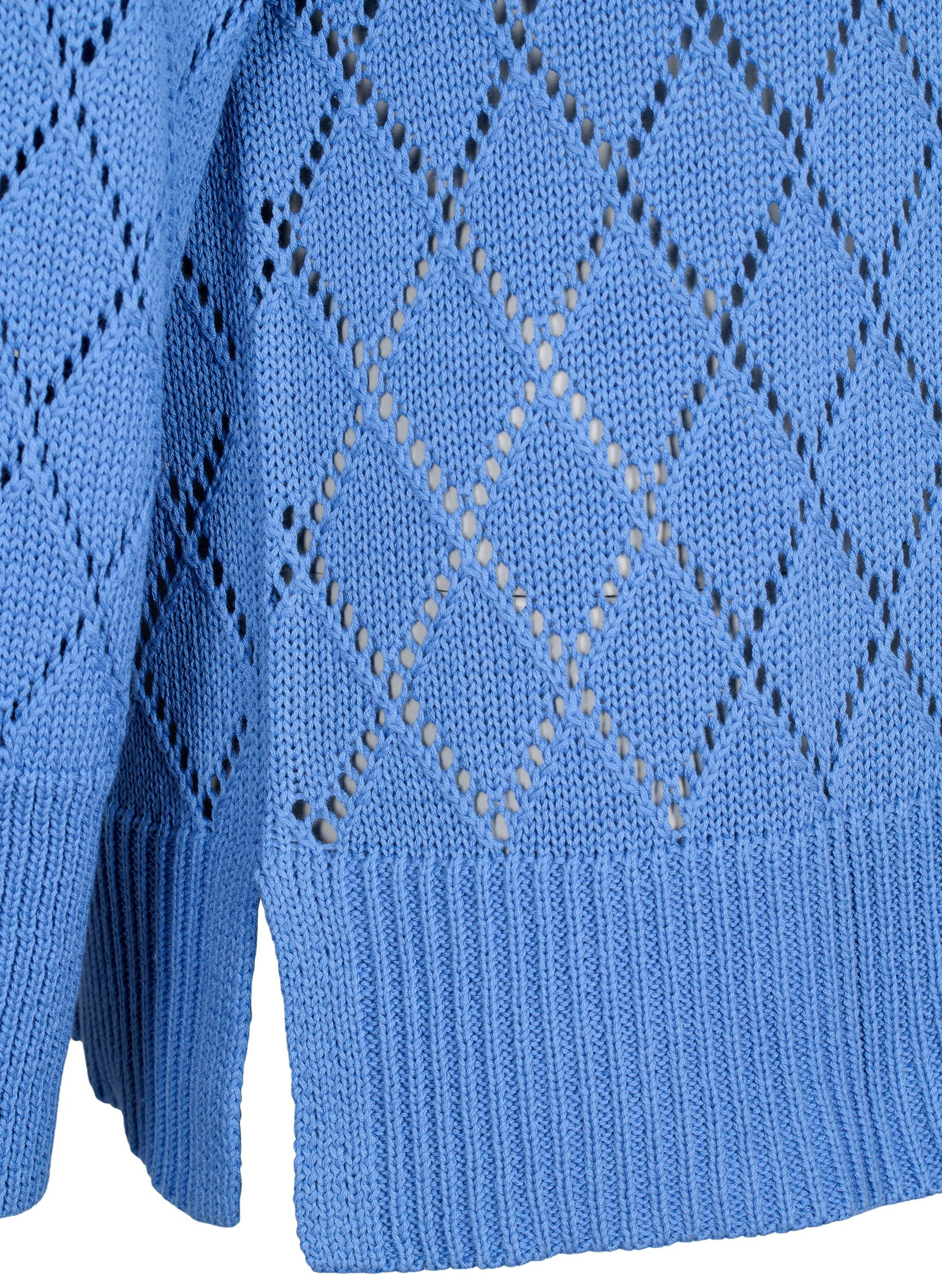 ZizziLangermet strikket bluse med hullm&oslash;nster, Blue Bonnet, Packshot image number 3
