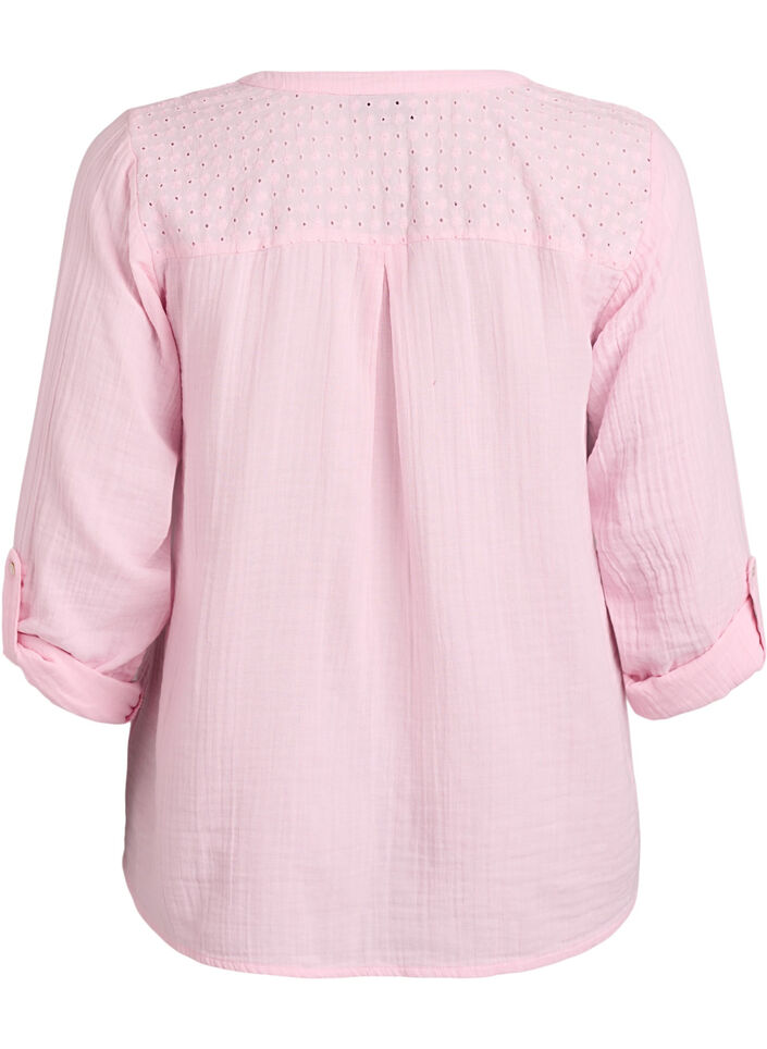Bluse i bomullsmuslin med broderie anglaise, Rosa, Packshot image number 1