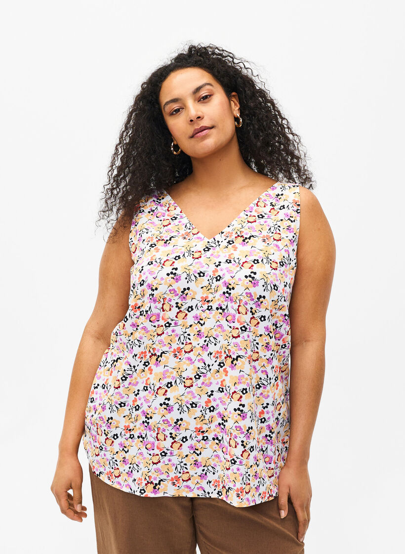 Blomstret topp med V-hals, Off White Flower AOP, Model image number 0
