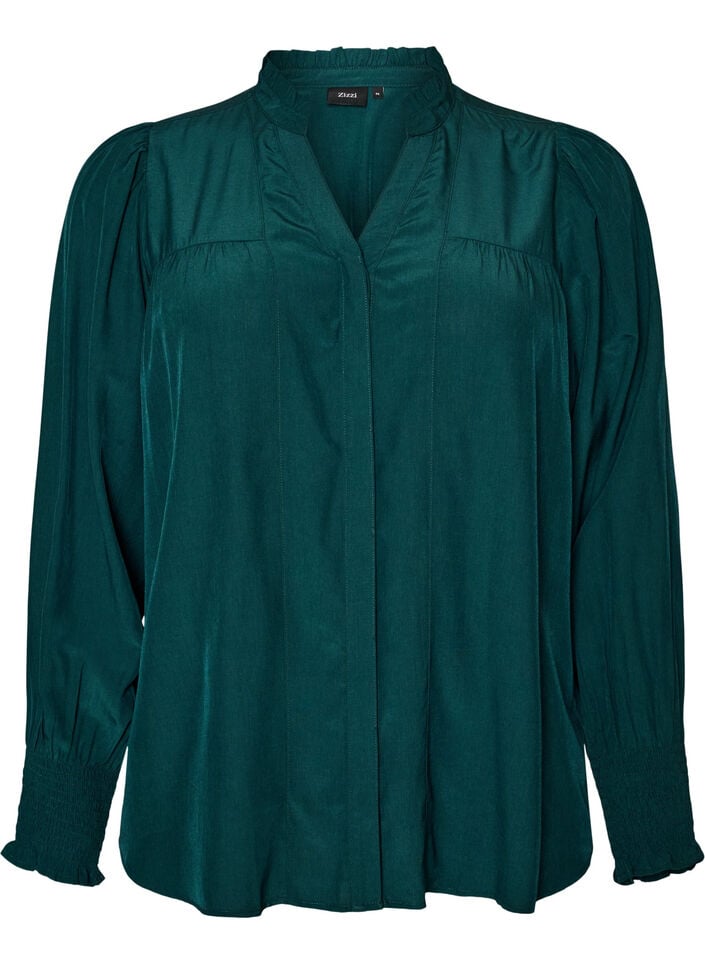 Bluse med rysjekrage og rynking, Gr&oslash;nn, Packshot image number 0