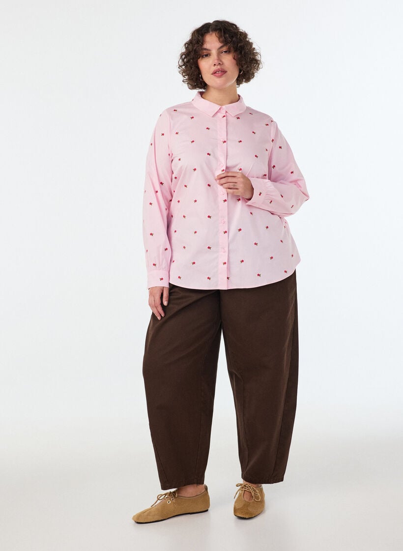 Skjorte med broderte blomster, Rosa, Model image number 1