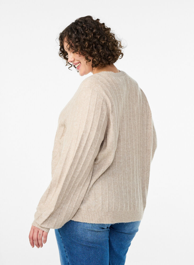 Cardigan med ribbet tekstur og ballongermer, Beige, Model image number 2