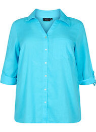 Skjortebluse med knappelukking i bomull-linblanding, Blue Atoll