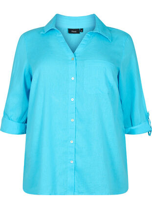 Skjortebluse med knappelukking i bomull-linblanding, Blue Atoll, Packshot image number 0
