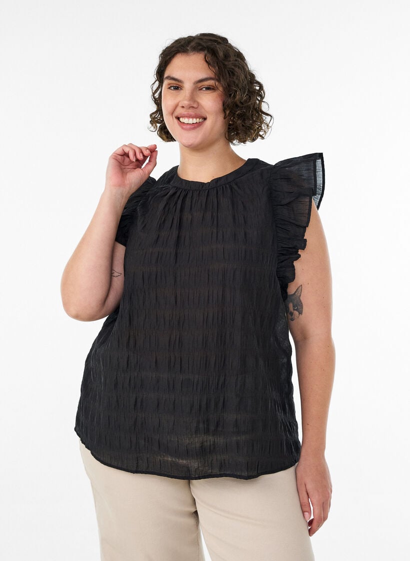 Ermel&oslash;s bluse med tekstur og volanger, Svart, Model image number 0