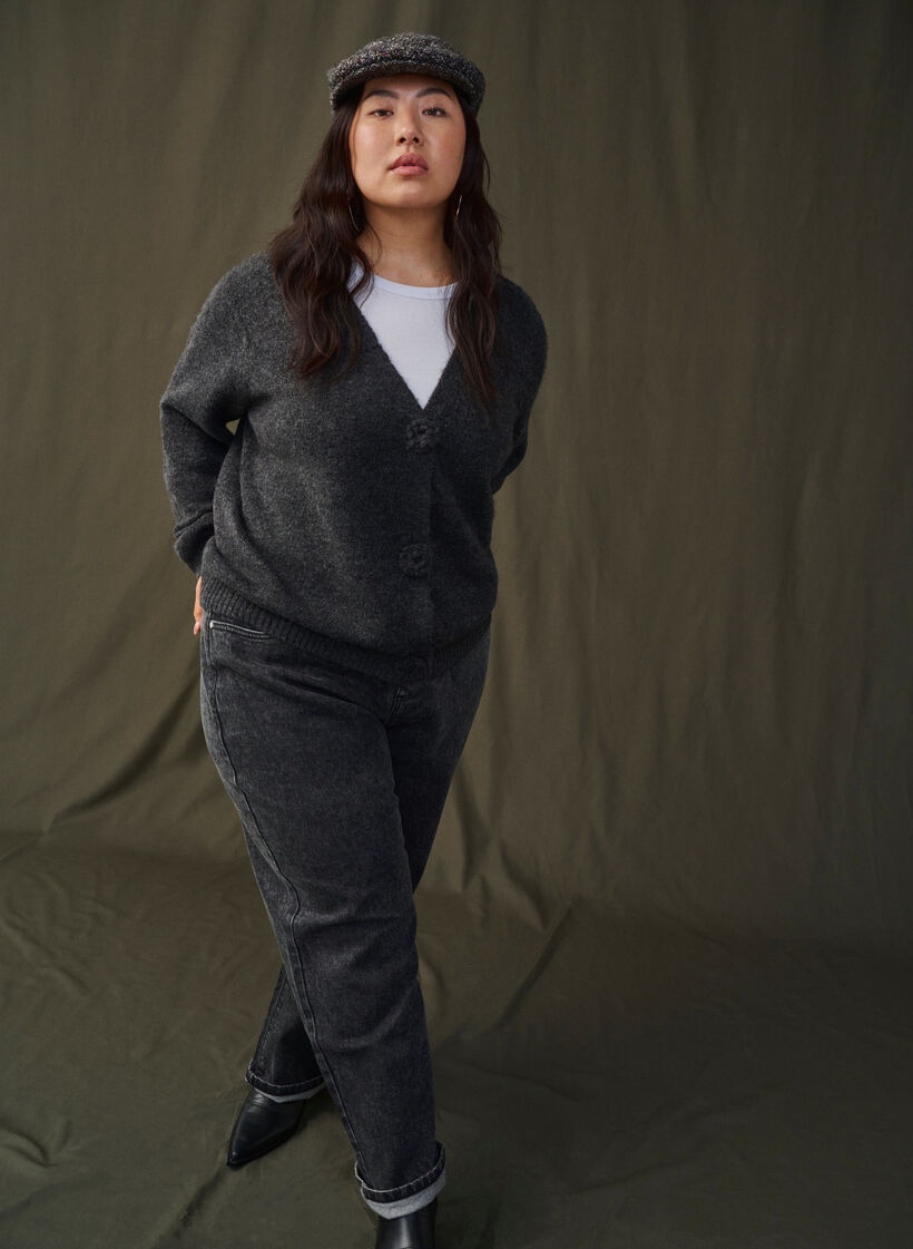 Kort strikket cardigan med blomsterknapper, Dark Grey Melange, Image image number 1