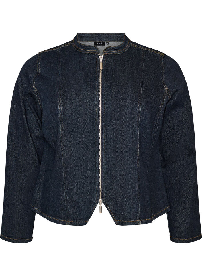 Figurn&aelig;r denimjakke med glidel&aring;s, Bl&aring;, Packshot image number 0