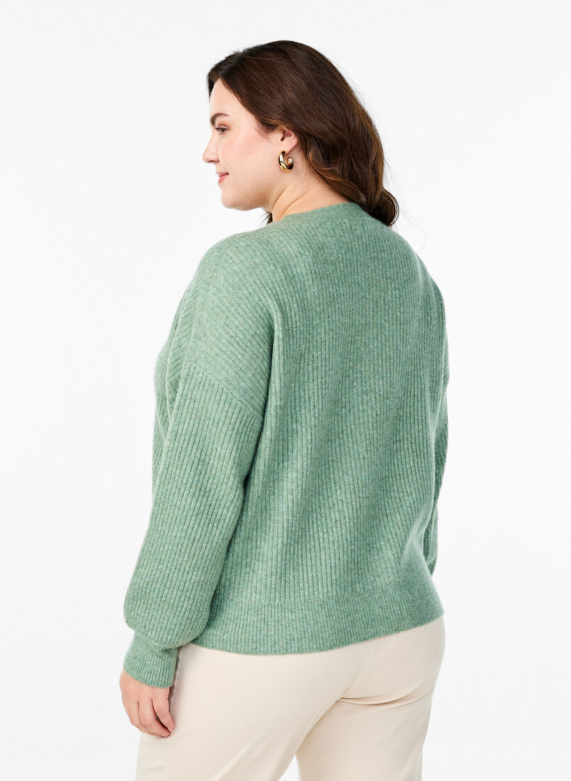Ribbestrikket cardigan med knapper, Grønn, Model image number 2