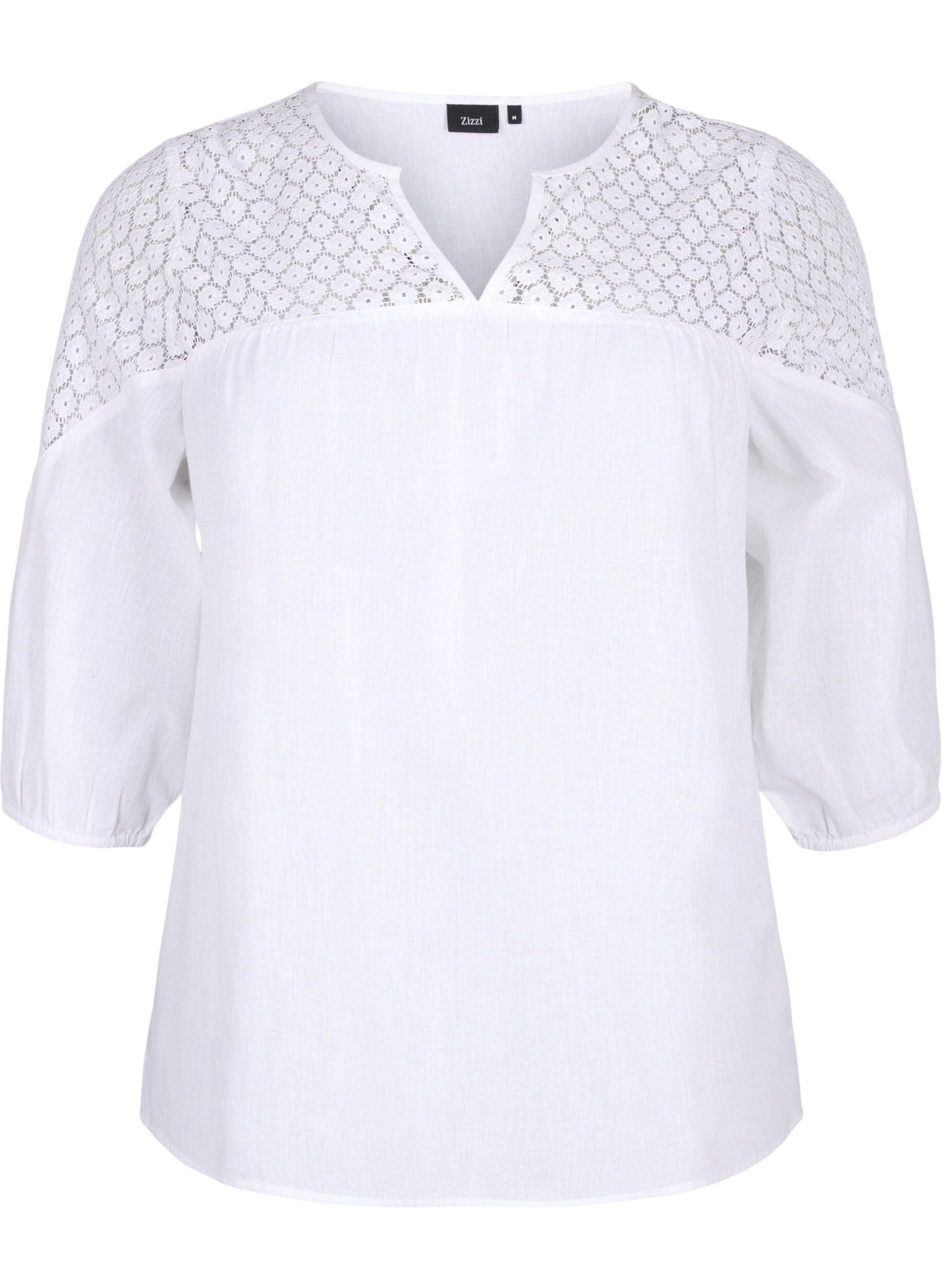 Zizzi Bluse i bomullsblanding med lin og heklede detaljer, Bright White, Packshot image number 0