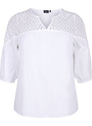 Bluse i bomullsblanding med lin og heklede detaljer, Bright White