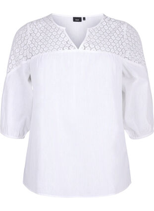 Bluse i bomullsblanding med lin og heklede detaljer, Bright White, Packshot image number 0