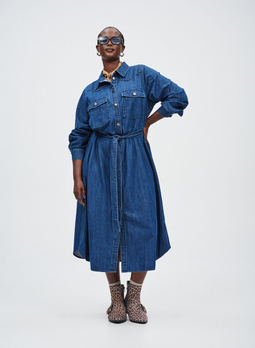 Mididenimkjole med knytebelte, Dark Blue Denim, Image