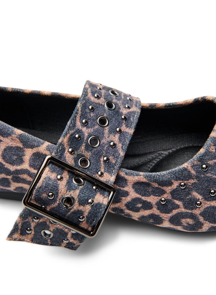 Wide fit - Ballerina med leopardmønster, spenne og nagler, Leopard AOP, Packshot