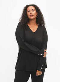 Langermet bluse med bred mansjett og knapper, Black, Model