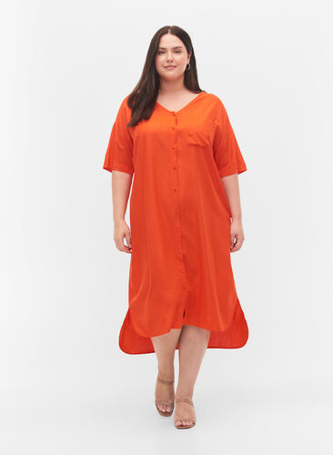 Kortermet skjortekjole i viskose, Mandarin Red, Model image number 2