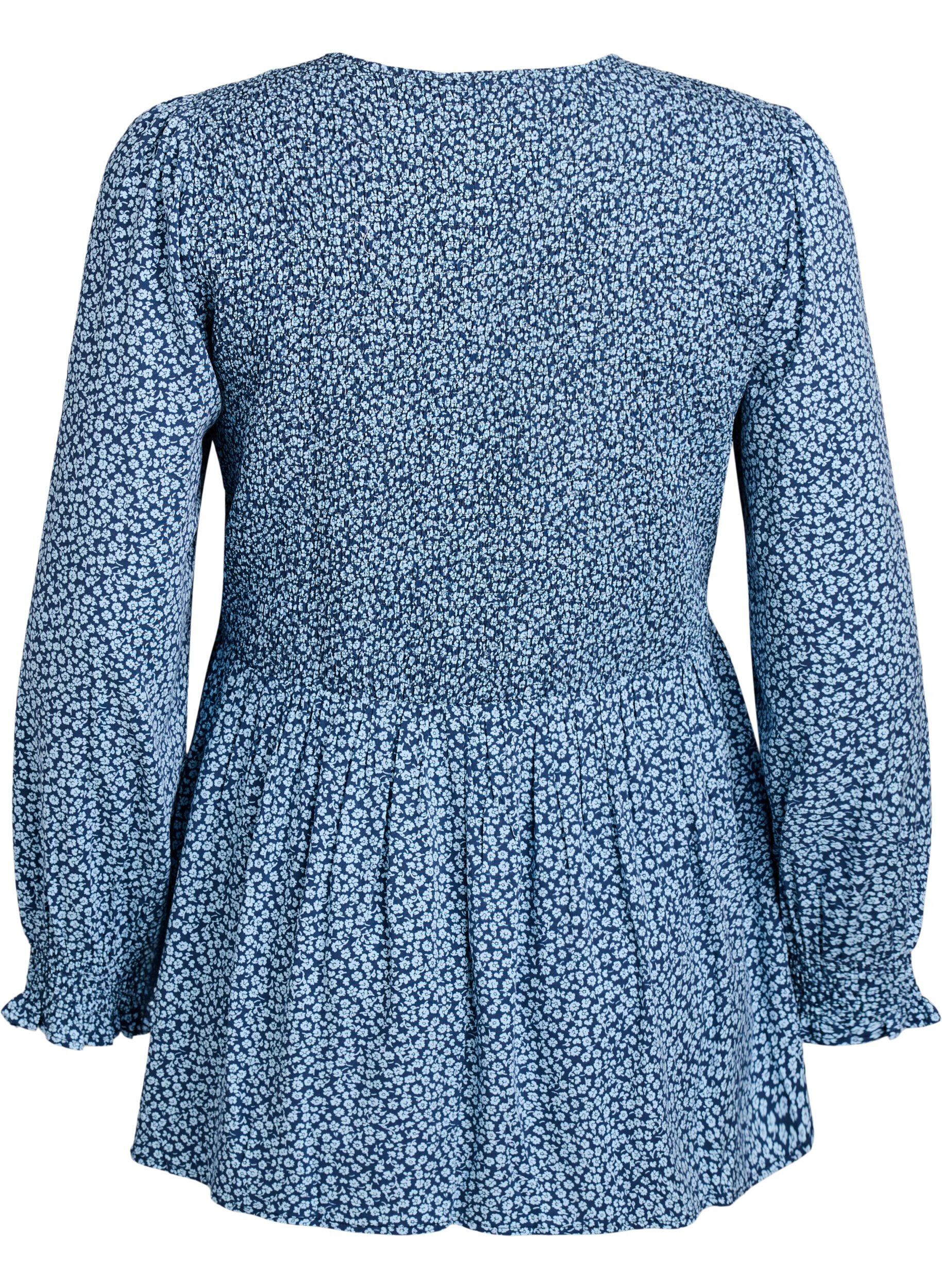 ZizziBluse med smocket topp og blomstertrykk, Bl&aring;, Packshot image number 1
