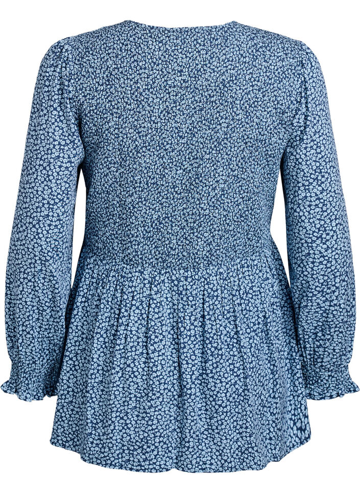 Bluse med smocket topp og blomstertrykk, Bl&aring;, Packshot image number 1