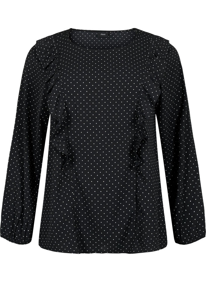 Bluse med lange ermer og volanger, Black Dot, Packshot image number 0