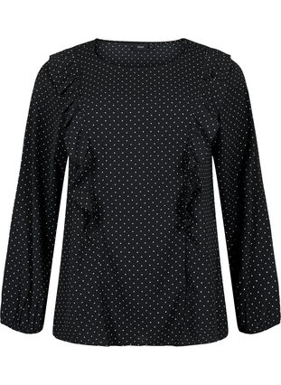 Bluse med lange ermer og volanger, Black Dot, Packshot image number 0